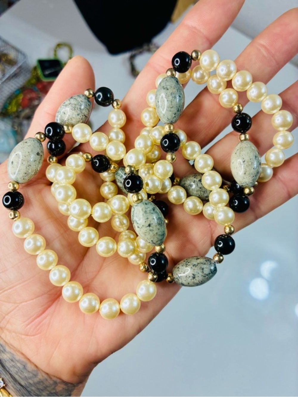 Classic Ivory Pearl & Natural Black and Gray Stone Long Over The Head Necklace